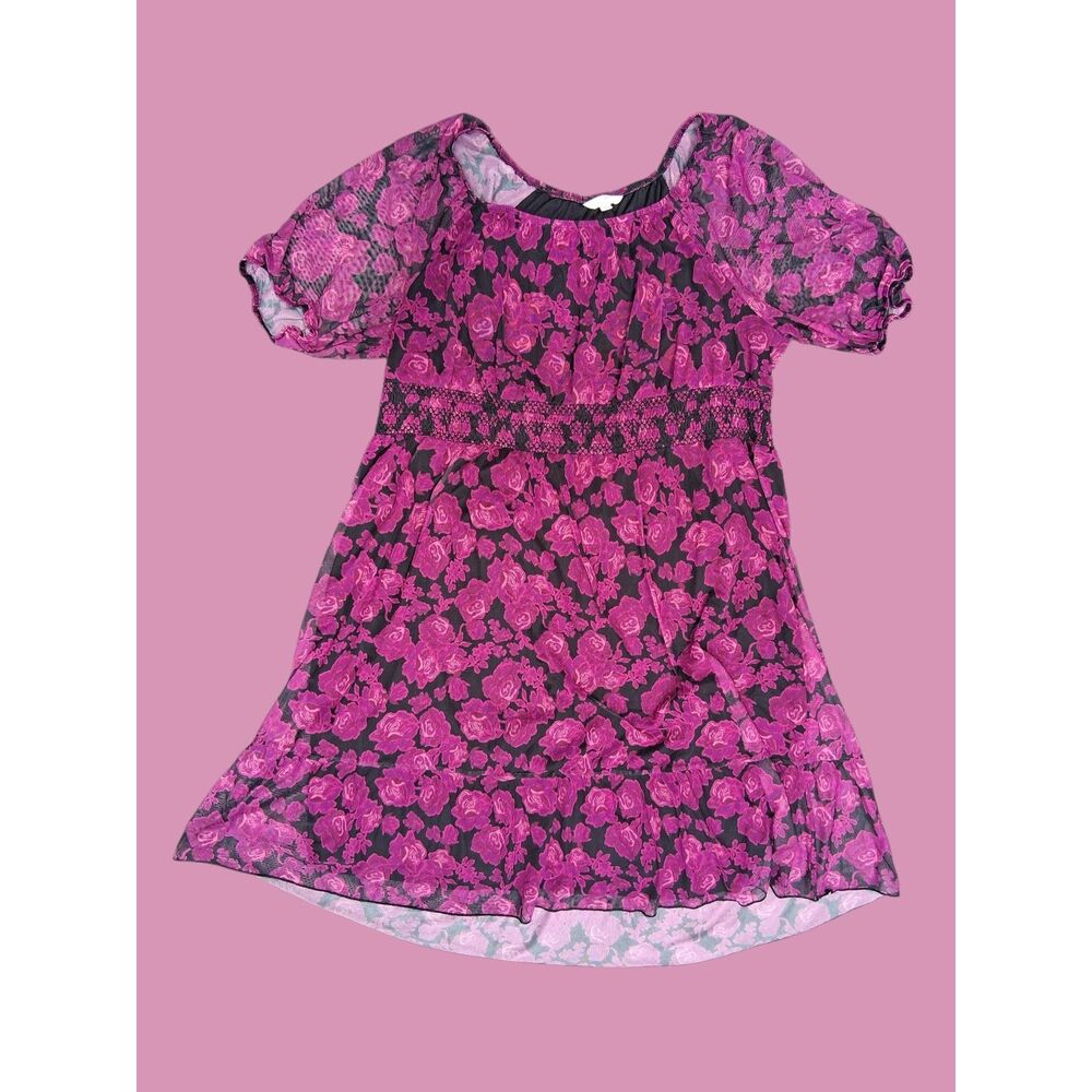 Terra & Sky Plus Size 3X 22W 24W Floral Mesh Puff Sleeve Dress Pink Black